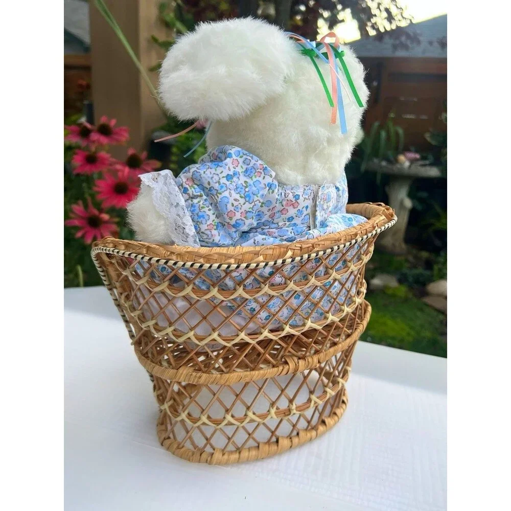 1970’s Vintage Mini Wicker Rattan Doll Chair + Bunny Cottagecore Boho Decor